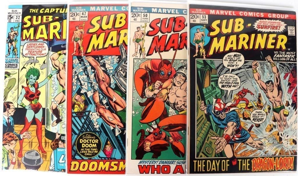SUB-MARINER 1ST APP LLYRA & NAMORITA BRONZE AGE- 4: Lot of 4 Bronze-Age Sub-Mariner comics, to include issues # 32 (first appearance of Llyra), 47, 50 (first appearance of Namorita), and 53.Condition: See pictures. Comic books Marvel Bronze Age (1970-1