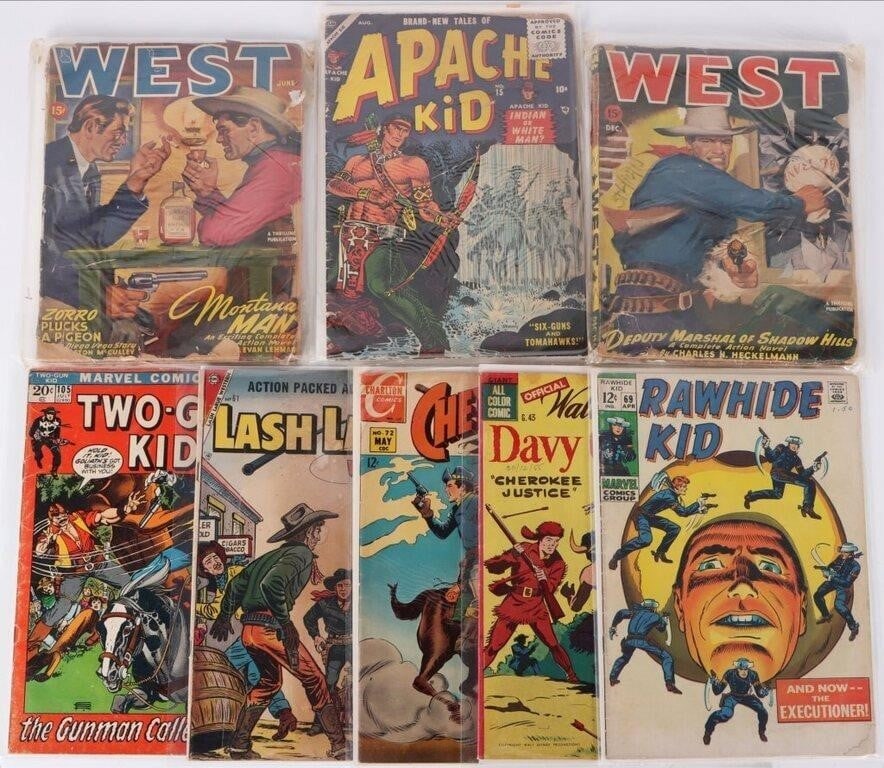 WESTERN COMICS GOLD SILVER & BRONZE AGE (8): Lot of eight western comics and pulp books from the Gold, Silver, and Bronze ages, to include Apache Kid #15, Lash LaRue #61, Cheyenne Kid #72, Walt Disney's Davy Crockett #43, Rawhide Kid #69, Two-Gu
