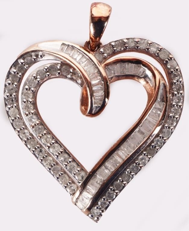 ROSE GOLD-ON-925 LADIES HEART PENDANT W/ DIAS: Rose gold-on-sterling-silver ladies heart pendant sculpted like a gently folded ribbon with fifty-one 0.01ct round-cut diamonds and thirty-eight melee diamonds. Stone Type: Diamond Weight: 4.03 grams 