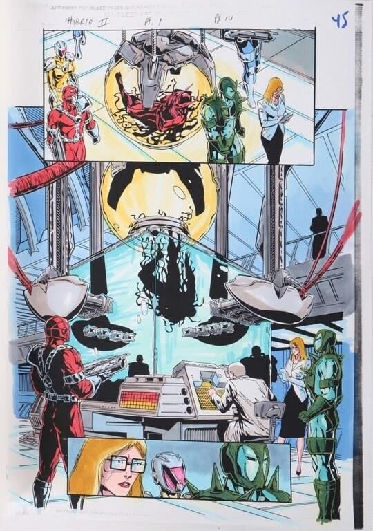 COLOR GUIDE VENOM THE HUNTED #1 PG 14 SIGNED: Original color guide for a Hybrid backup story in Venom: The Hunted issue # 1 page 14 from 1996. This one of a kind piece features the signature of the colorist, Tom Smith. Condition: See images for c