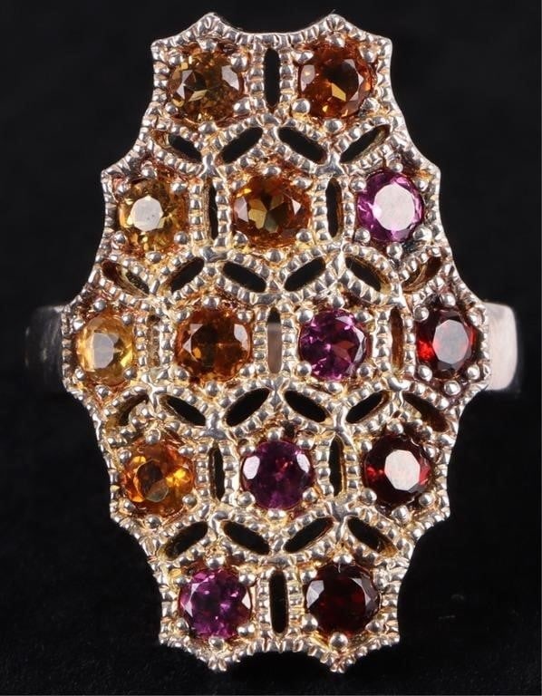 STERLING SILVER GEMSTONE LADIES RING: Beautiful honey comb design sterling silver gemstone ladies ring with garnet, citrine, and spinel. Stone Type: Assorted Weight: 6.88 Grams Size: US 6 Condition: Very fine.