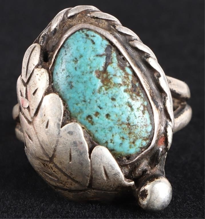 STERLING SILVER TURQUOISE SOUTHWESTERN LADIES RING: Vintage sterling silver turquoise Southwestern Navajo ladies ring. Stone Type: Turquoise Weight: 9.85 Grams Size: 7.50 U.S. Condition: Wear commensurate with age.