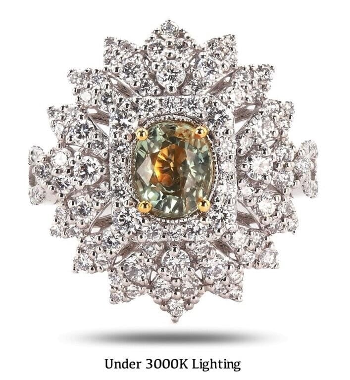 PLATINUM LADIES RING W/ DIAMOND & ALEXANDRITE GIA: One polished, stamped, and tested platinum ring marked Oscar Friedman. The ring is mounted with: 1 genuine GIA certified alexandrite center stone weighing 1.36 carats, and 100 genuine round diamonds w