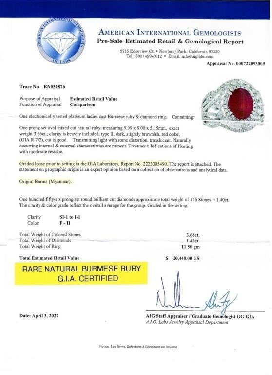 3.66CT BURMESE RUBY 1.4CTW DIA PLATINUM RING GIA - 4
