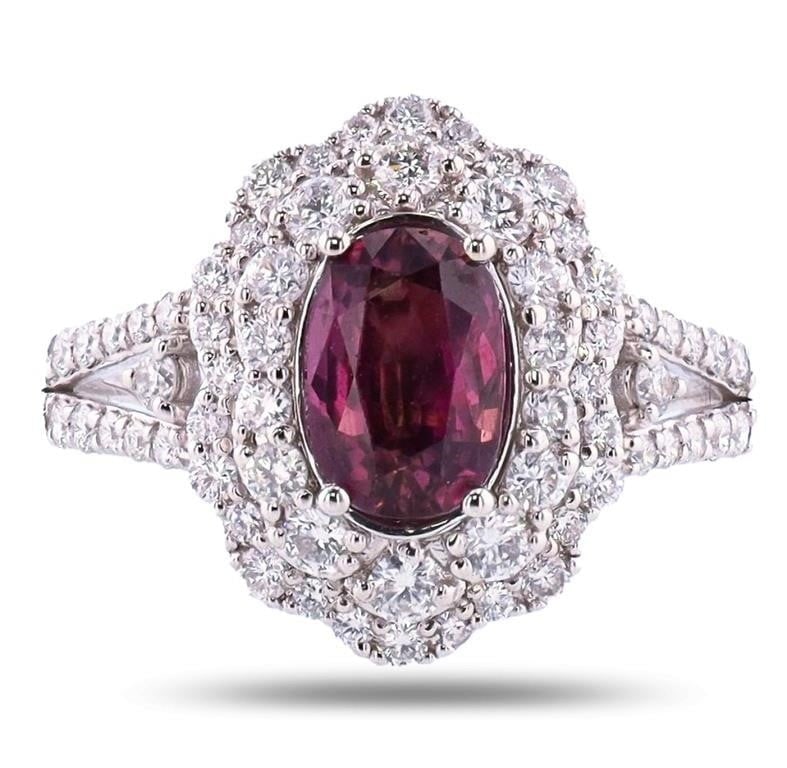 1.87 PURPLE/PINK SAPPHIRE PLATINUM RING W/ DIA GIA: One polished, stamped, and tested platinum ring marked Oscar Friedman. The ring is mounted with 1 genuine GIA certified sapphire center stone weighing 1.87 carats, and 64 genuine round diamonds weighi