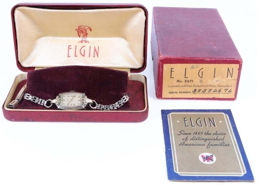 VINTAGE 40'S ELGIN 12K GOLD FILLED LADIES WATCH: Vintage 40's Elgin 12K gold filled ladies wristwatch includes the original box and the original band in the box. Band on the watch was replaced. Gold filled Wristwatch Elgin Ladies Weight: 11.88 Grams