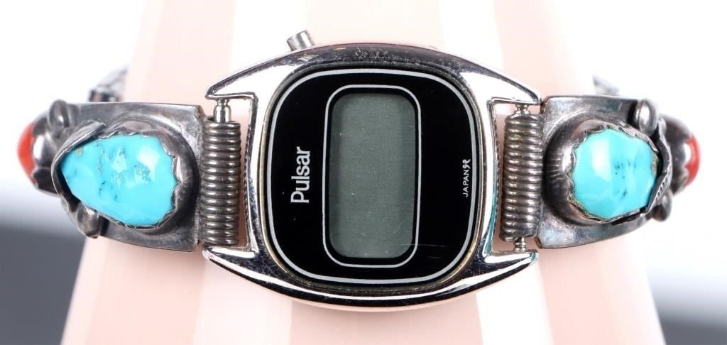 SOUTHWEST STYLE TURQUOISE & CORAL STERLING WATCH (1 of 4)