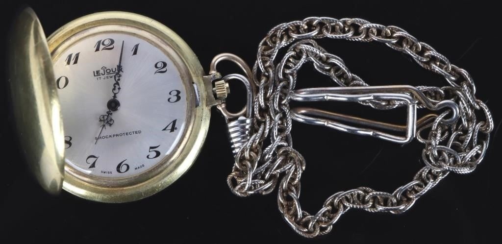 VINTAGE LEJOUR 17 JEWEL SWISS MADE POCKETWATCH: Vintage Lejour 17 jewel Swiss made shock protected pocketwatch. Metal Pocket Watch Lejour Unisex Weight: 62.30 Grams Size: 43mm Condition: Wear commensurate with age.