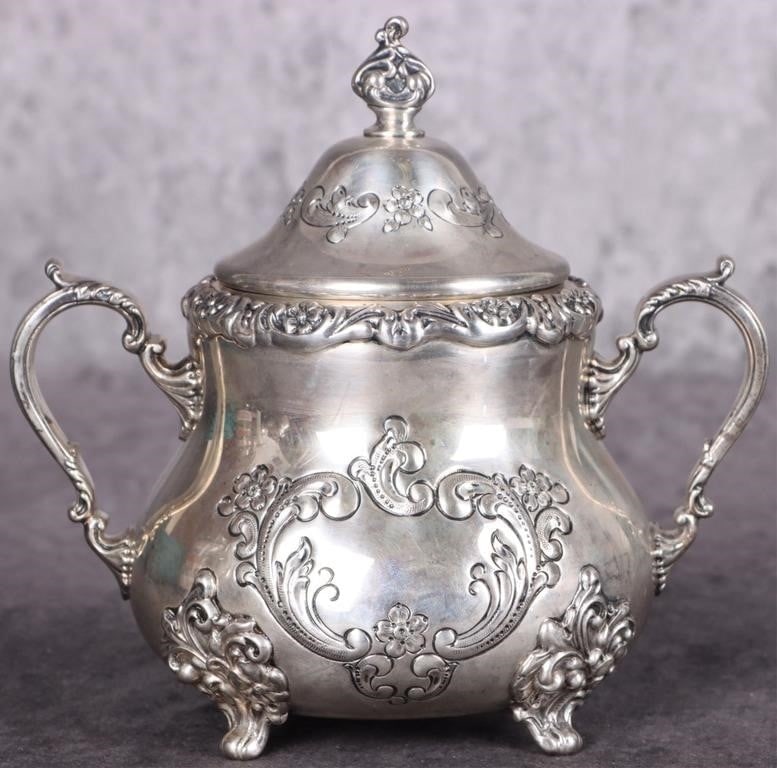 OLD ENGLISH STERLING SILVER SUGAR BOWL BY POOLE: Old English sterling silver sugar bowl. Old English Hand Chased Sterling Silver by Poole inscription on bottom , followed by # 700. Approximately 6 inches high, with beautiful floral design throughout
