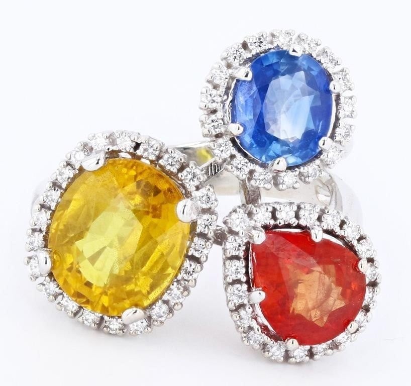 6.95CTW SAPPHIRE 14K WHITE GOLD LADIES RING W/ DIA: One electronically tested 14KT white gold cast multi color sapphire and diamond ring.; Each of the featured sapphires is set within a diamond bezel, supported by a ribbed under gallery, completed by a