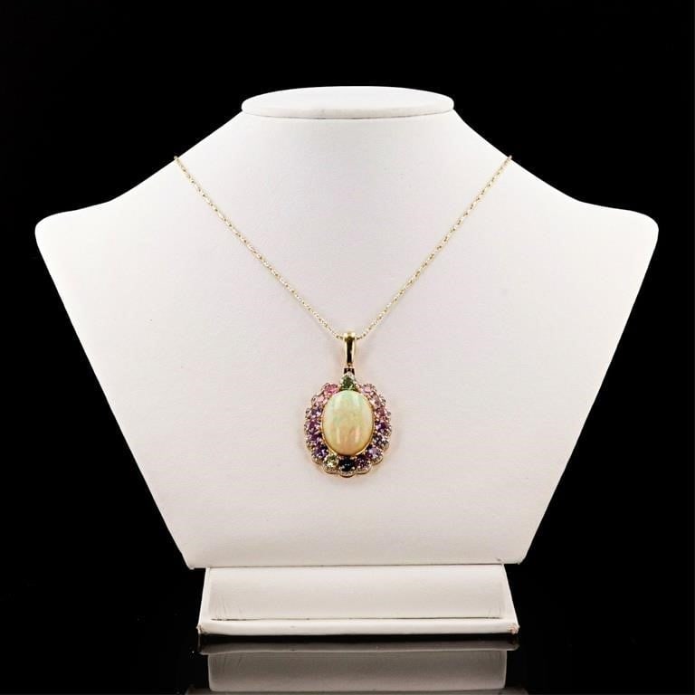 4.99CTW SAPPH 14K YELLOW GOLD NECKLACE OPAL & DIA: Name of Article: Lady's Opal, Sapphire and Diamond Pendant with Chain; Setting: 14 Kt. Yellow Gold Mounting [13.80 gms] #Additional Stones/Information:# 83 Round Brilliant Cut Diamonds = 0.43+/- Ctw (