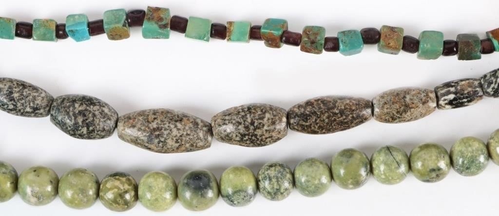 ASSORTED NEPHRITE/ TURQUOISE NECKLACES - (3): Three assorted nephrite/ turquoise necklaces. Stone Type: Assorted Weight: 158.95 Grams Size: 17.50", 18.25", & 26.00" Condition: Little wear, see images for details.