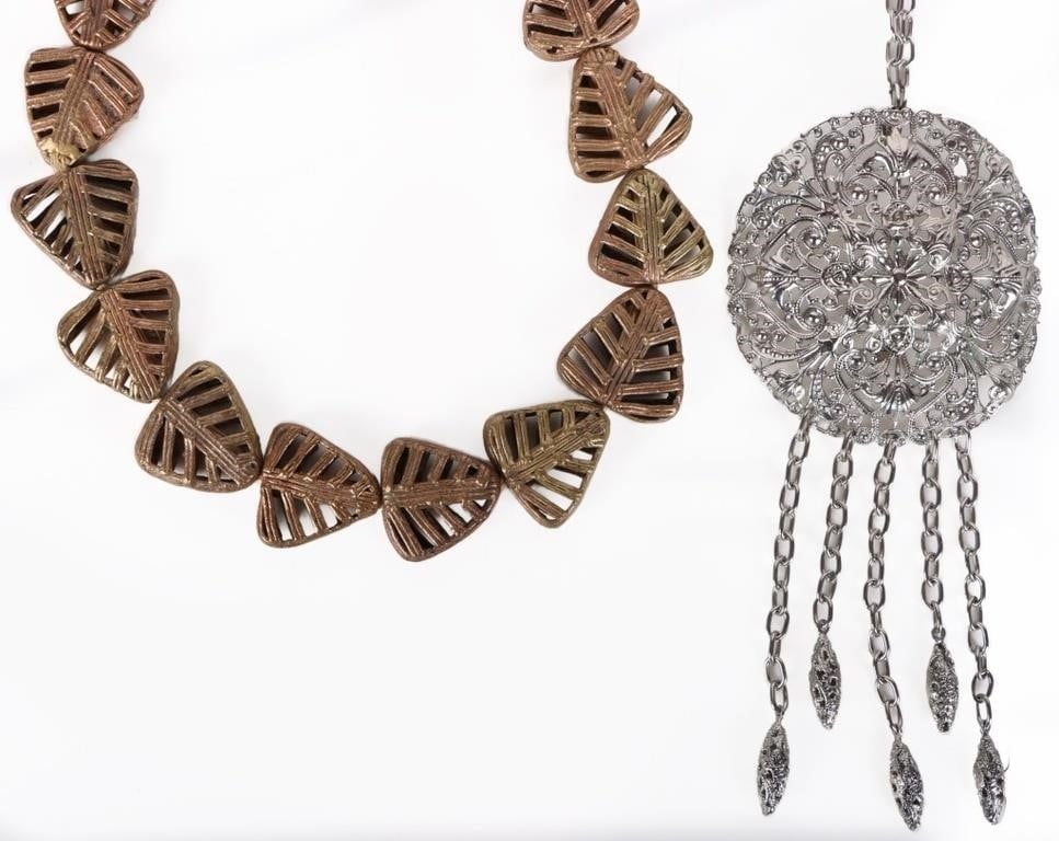 VINTAGE FASHION NECKLACE PAIR COLLECTION: Vintage Fashion Necklace Pair Collection. To include brass and twine made necklace & silver-tone medallion dangle necklace. Condition: Very fine. Please refer to images.