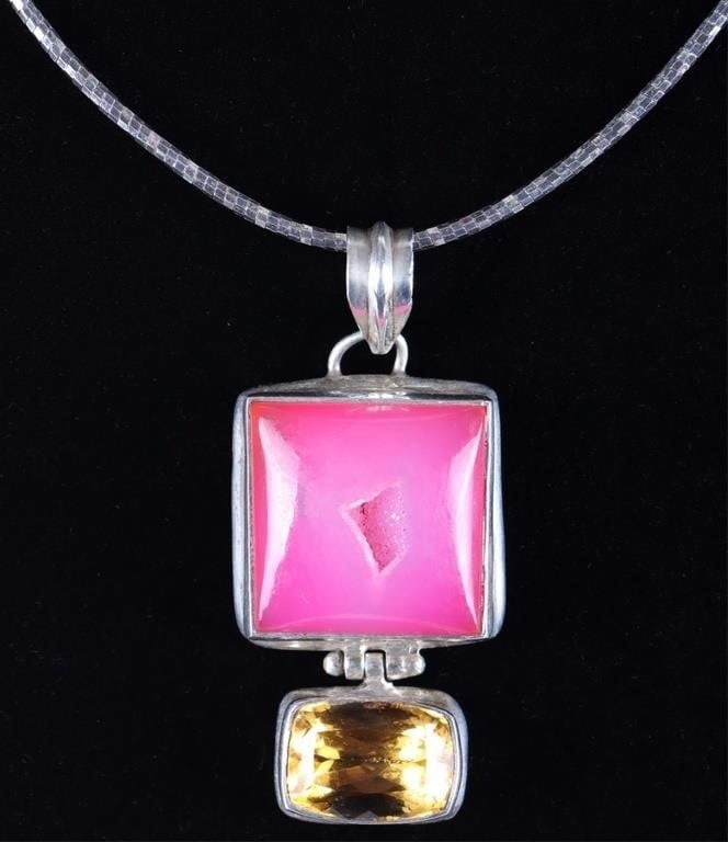 STERLING SILVER NECKLACE W/ TOURMALINE & CITRINE: Sterling silver ladies necklace with a large polished square-cut tourmaline stone which includes a geode crack in its center and an approximately 2.25ct checkerboard rectangle-cut citrine gemstone. St
