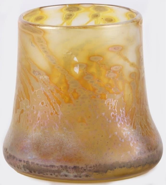 ROBERT COLEMAN IRIDESCENT GLASS MINI VASE: Robert Coleman iridescent glass mini vase signed. This mini vase is yellow and stands at 3.0" Tall. Size: 3.0" Tall Condition: Very fine.