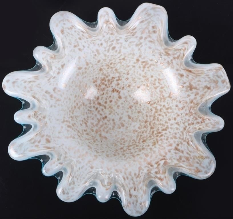 ITALIAN MURANO GLASS SPECKLED ART GLASS BOWL: Italian Murano glass speckled art glass sparkle bowl with light blue edges. Size: 9.0" Length Condition: Very fine.