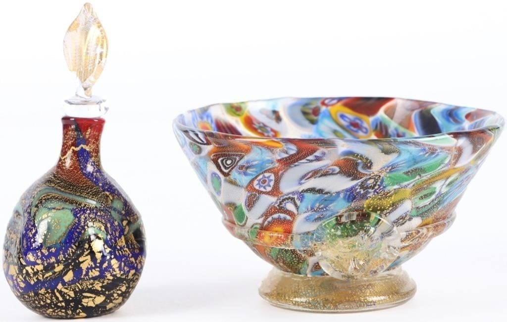 VINTAGE MURANO GLASS MILLEFIORI BOWL & PERFUME-2: Vintage Murano glass pieces. This lot includes a millefiori bowl with four lion heads molded on the side and gold leaf infused at the base and a perfume bottle in a rough teardrop shape and infused wi