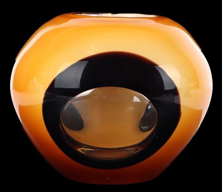 VINTAGE DREAMLIGHT HAND BLOWN ART GLASS VASE: Vintage Dreamlight Mediterana hand blown art glass vase. This beautiful piece showcases a clear bubble window design with a cased amber and black finish, making it a stunning decorative display for an