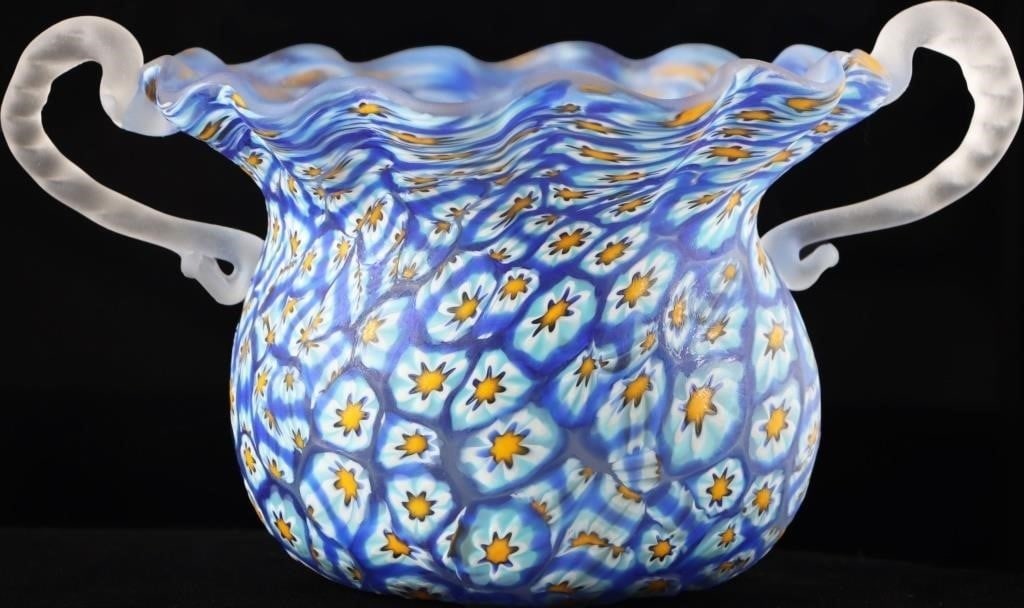 VINTAGE FRATELLI TOSO MILLEFIORI BLUE/YELLOW VASE (1 of 4)