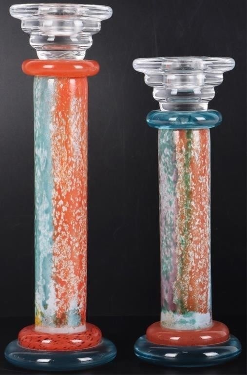 KOSTA BODA KJELL ENGMAN CANDLESTICK PAIR CANCAN: Vintage rare Kosta Boda signed art glass candlesticks. These holders are made by KJELL ENGMAN They are called can can. They feature a multi color glaze with teal and orange round shape accents. Size: 
