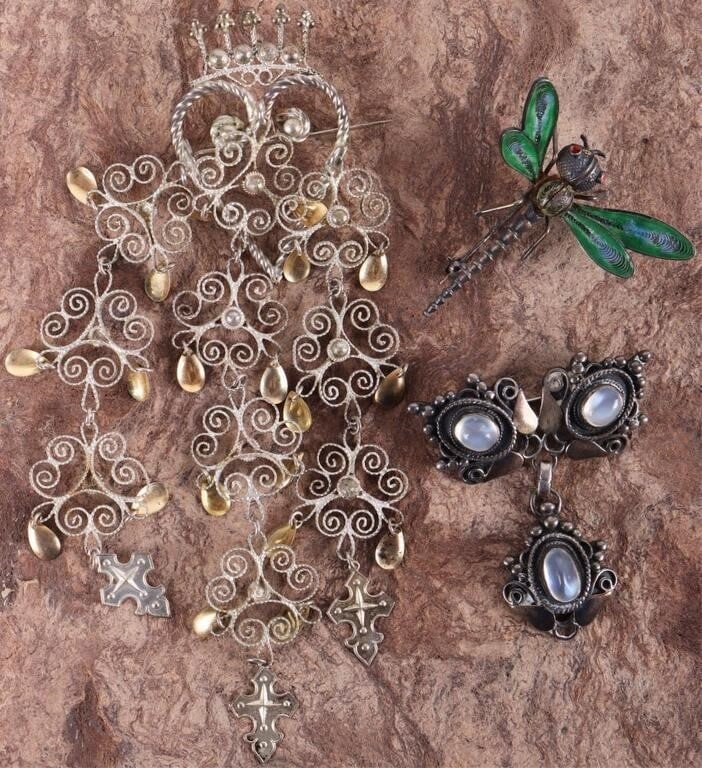 STERLING SILVER LADIES BROOCHES DRAGONFLY CROWN-3: Lot of three fine sterling silver ladies brooches, to include one dragonfly with enameled filigree wings, a piece with a dangling element and three moonstones, and a sumptuous piece with a crowned hea