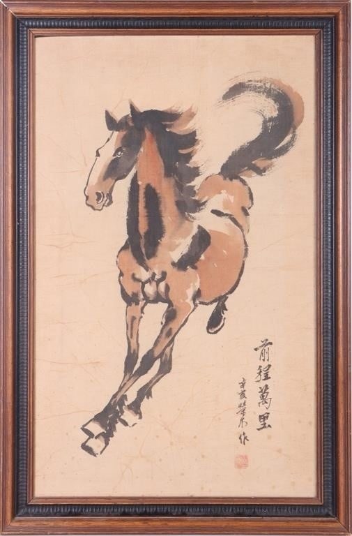XU BEIHONG BATIK PAINTING ON TEXTILE IN THE MANNER: In the manner of Xu Beihong (1895-1953, Chinese) signed original Batik painting on textile fabric. Comes with a red seal artist stamp and this piece is believed to have been created in the manner of a