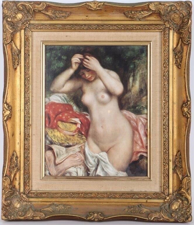 'BATHER ARRANGING HER HAIR' RENOIR LITHO W/ COA: Pierre-Auguste Renoir (French, 1841-1919) "Bather Arranging Her Hair" Offset lithograph w/ COA. Pierre-Auguste Renoir was a French painter and a central figure in the Impressionist movement. His work 