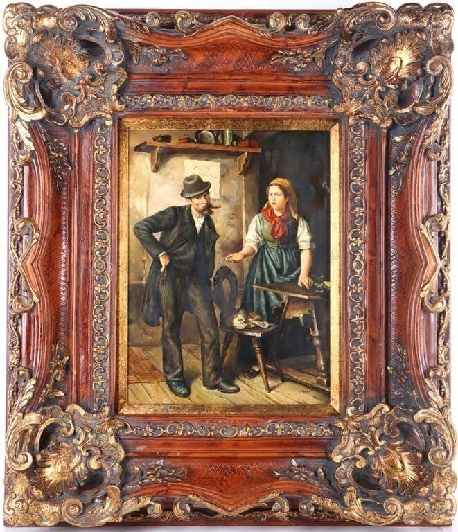 'ASHLIN' 19TH CENTURY OIL ON BOARD FRAMED: "Ashlin" signed 19th century antique oil on board framed to depict a man smoking a cigar next to what appears to be his wife near their dinner table. This piece includes a magnificent carved wood fram