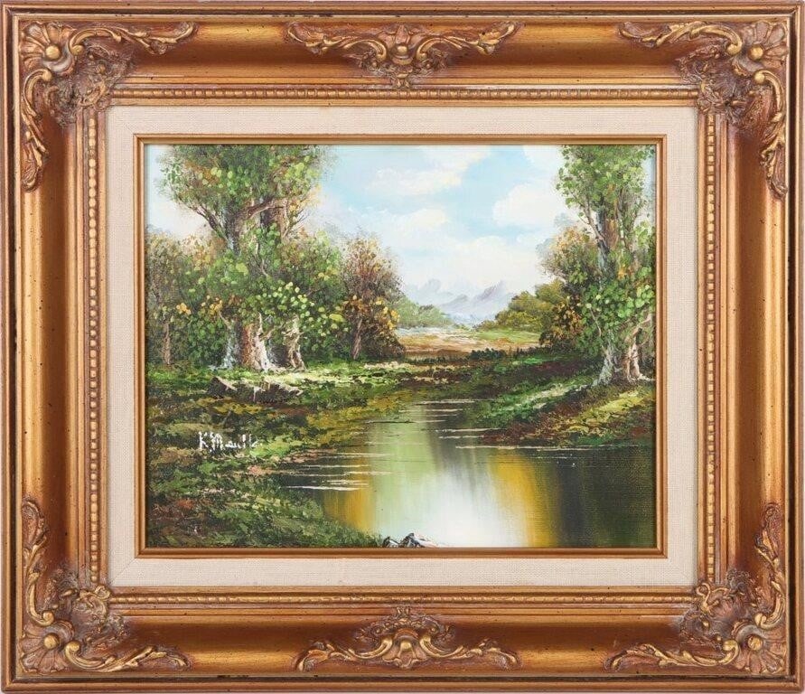 KONRAD MEINDL VTG OIL ON CANVAS LANDSCAPE PAINTING: Konrad Meindl (1883, Austrian) Oil on canvas Landscape painting depicting a river bank with a vast and gorgeous view of mountainous landscape. Piece is framed in gold and wood frame. Size: 15" X 12.5"