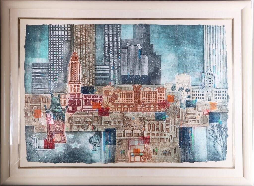 CITYSCAPE FRAMED PRINT COLLAGE STYLE: Print depicting a cityscape made of colorful cutouts and brush strokes, evoking a photo collage. Small white and blue spots evoke snow. There is an signature and possibly a print number or date in the
