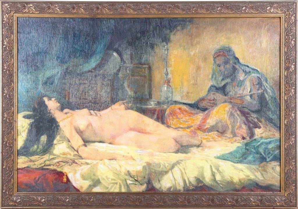 IMPRESSIONIST NUDE BY UNIDENTIFIED ARTIST: Impressionist nude by unidentified artist. The subject may be Salome or a Middle-Eastern concubine. The figure in the background appears to be playing a setar. The style is reminiscent of early Impres