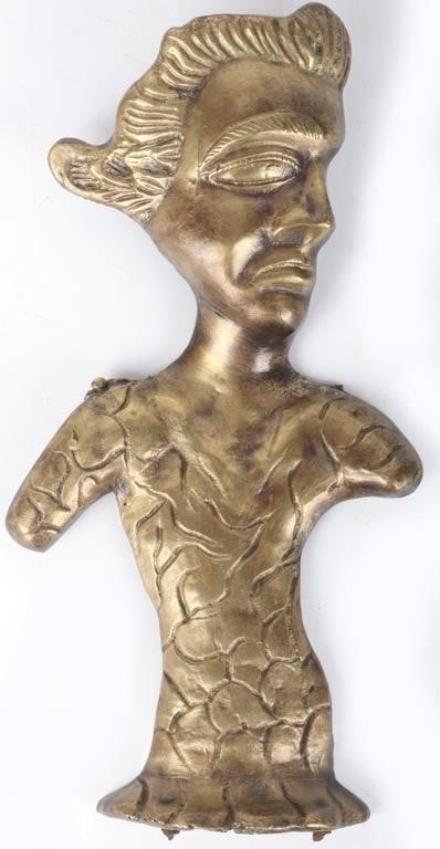 VINTAGE BRASS ORNATE BUST SCULPTURE: Vintage brass ornate bust sculpture. Sculpture has a detailed whimsical depiction of a man with large head and small torso. Size: 11" Tall. Condition: Very fine. Please refer to images.