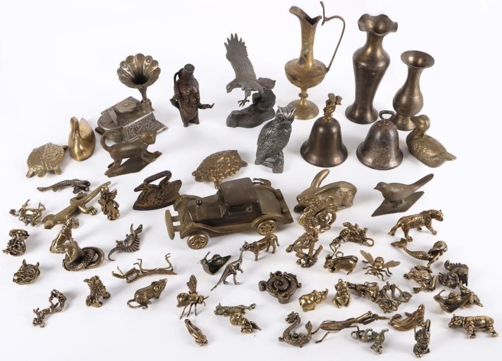 BRONZE FIGURINES VINTAGE AND MODERN (61 PIECES): Large lot of sixty-one bronze figurines, to include nineteen medium-sized pieces (one non-functional gramophone music box, a businessman, a plain bell, a bell with an angel on top, a swam-shaped iron,