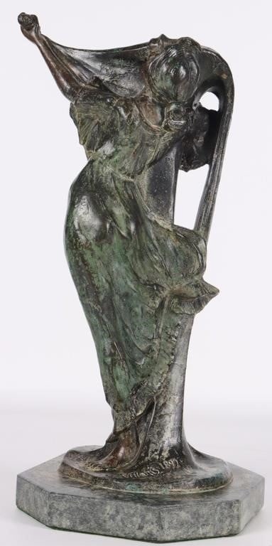 VILLANIS ' RITHEM DANCER' ART NOUVEAU BRONZE VASE: This Art Nouveau bronze vase possibly titled "Rithem Dancer" is signed Villanis 1892 on the green marble base. The statue is of a woman in a dancing pose with a flowing dress holding the vase. Beautif