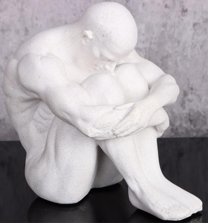 NUDE MALE FIGURAL ART SCULPTURE IN FETAL POSITION: Nude muscular male in the fetal position sculpture. Size: 5.00" X 6.50" Condition: Very fine.