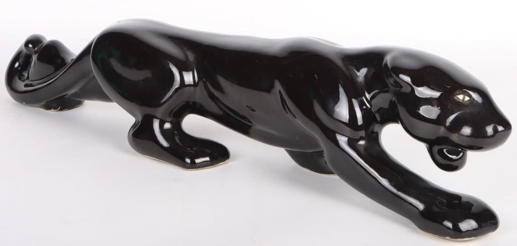 VINTAGE GLOSSY BLACK PANTHER CERAMIC STATUE (1 of 4)