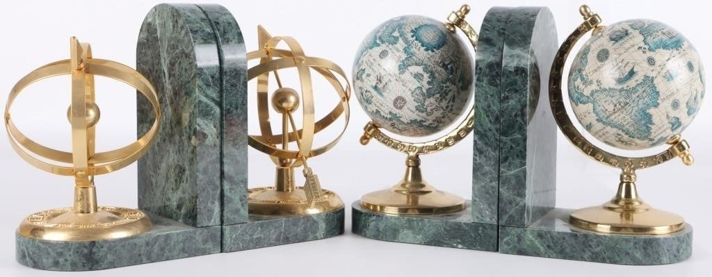 VINTAGE STYLE BOOKENDS ARMILLARY SPHERES GLOBES 2: Lot of two vintage style bookends made of malachite, one pair with vintage-style globes and one with armillary spheres. Size: 6.75 X 5 X 3.5" Condition: Both boxes are SEALED.