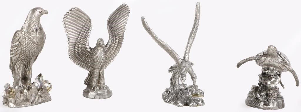 MASTERWORKS FINE PEWTER FIGURINES LOT OF 4: Masterworks fine pewter figurines lot of 4. This lot features 3 fine pewter eagles from the 1980's and a fine pewter turtle from 1993. All of the figurines are beautifully detailed. Size: BETWEEN 2"-3