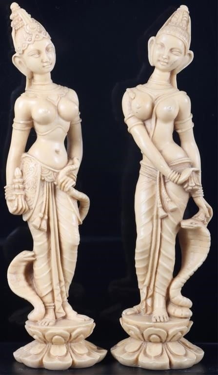 AVALOKITESHVARA SRI PUDAK SEA RESIN STATUES 2: Lot of two Southeast Asian resin statues depicting consorts of the Buddhist Bodhisattva (saint) Avalokiteshvara, the primary patron or guide of humanity. Made in Italy. Size: 8.5" X 2" Condition: No c