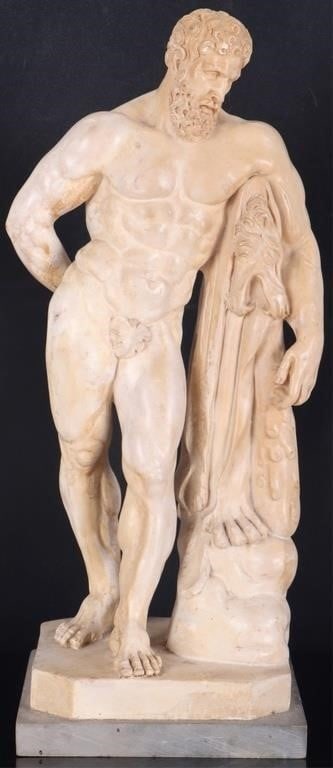 FARNESE HERCULES DOWNSCALED STATUE REPLICA: Downscaled resin replica of the Farnese Hercules. This statue, a 3rd century AD Roman copy of a 4th century BC Greek bronze, depicts Hercules at rest following the completion of his 12 labors. This is
