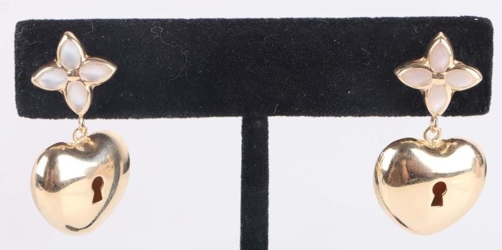 14K YELLOW GOLD HEART KEY LOCK LADIES EARRINGS: 14K yellow gold heart key lock ladies earrings. Weight: 5.11 Grams Size: 1.25" Condition: Very fine.