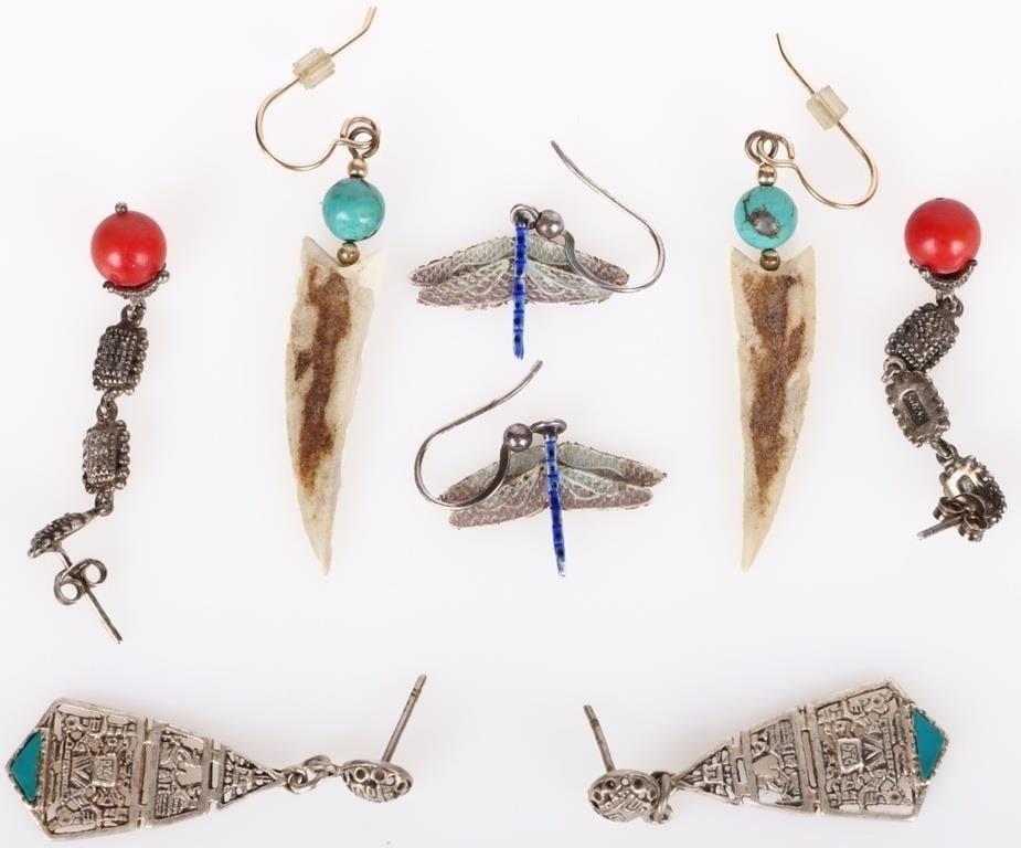 SOUTHWEST STYLE STERLING SILVER MEIXCO EARRINGS: Southwest style sterling silver Mexico jewelry to include: one pair of bone and turquoise earrings, one pair of dragonfly earrings, one air of Aztec dangle earrings and one pair of red coral dangle ea