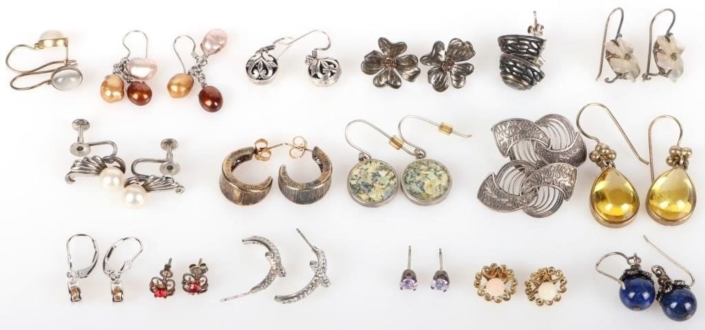 STERLING SILVER 12K GOLD PLATED LOT LADIES EARRING: Assorted lot of ladies earrings, seventeen pairs total. Fourteen are sterling silver in various floral and geometrical designs. One pair features a topaz gem, another possesses citrine. A few others h