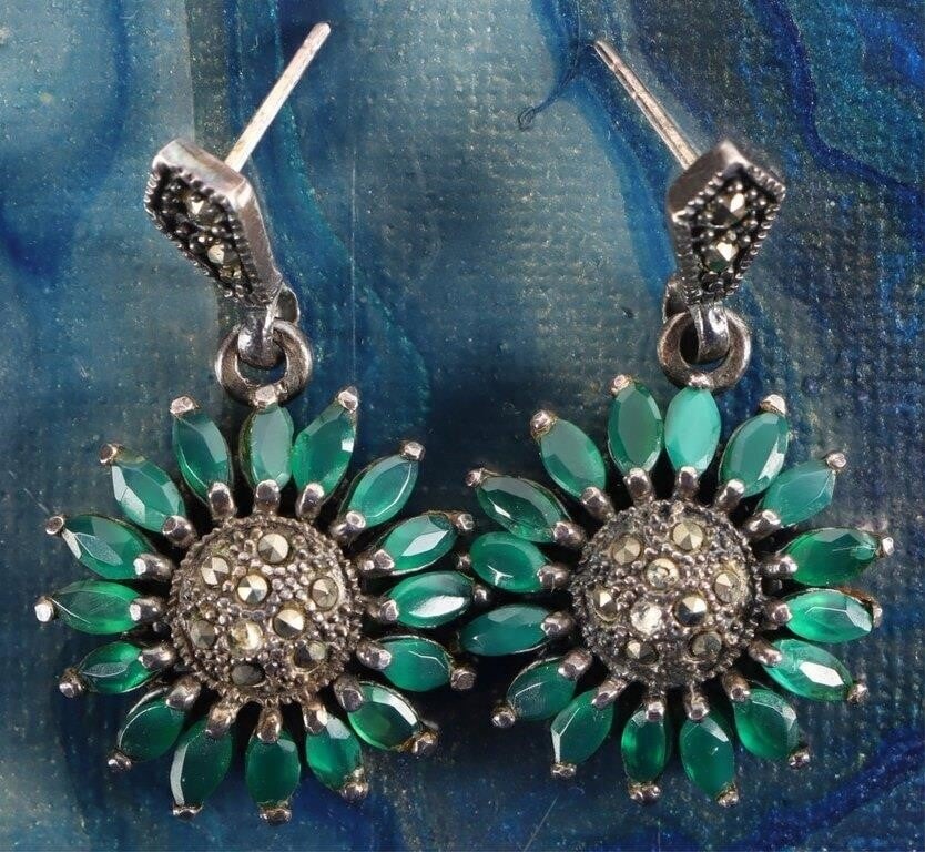 STERLING SILVER LADIES EARRINGS W/ TOURM & MARCA: Sterling silver ladies dangle earrings with marquis-cut tourmaline gems arranged in a sunburst pattern around a central area studded with marcasite. Stone Type: Tourmaline Weight: 13.94 grams Size: 35