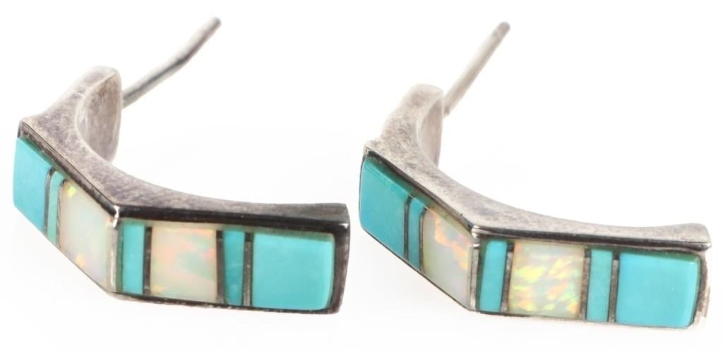 STERLING LADIES FIRE OPAL & TURQUOISE EARRINGS: Pair of sterling silver ladies earrings with fire opal and turquoise. Stone Type: Turquoise Weight: 5.64 grams Size: 1" each Condition: Earrings need backs.