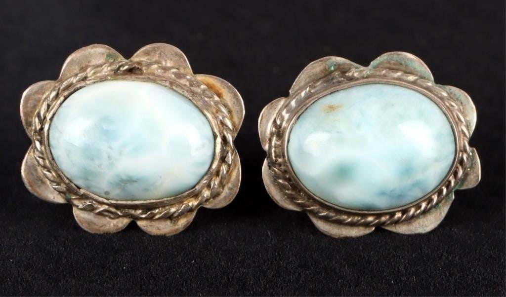 LARIMAR STERLING SILVER LADIES STUD EARRINGS: Larimar sterling silver ladies cabachon stud earrings. Weight: 4.18 Grams Size: 0.50" Length Condition: Very fine.