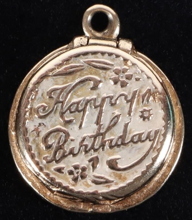 14K YELLOW GOLD HAPPY BIRTHDAY PENDANT LOCKET: 14k yellow gold Happy Birthday ladies pendant locket. Weight: 3.71 grams Size: 0.50" length Condition: Very fine.