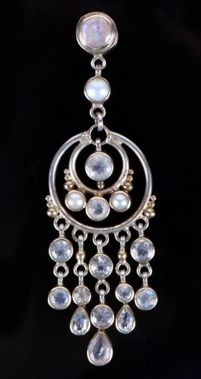 STERLING SILVER MOONSTONE TOPAZ LADIES PENDANT: Sterling silver moonstone topaz ladies pendant to include one 1.00ct round cut moonstone, one 0.50ct round cut moonstone, three 0.20ct round cut moonstone, one 0.40ct pear cut moonstone, four 0.25ct r