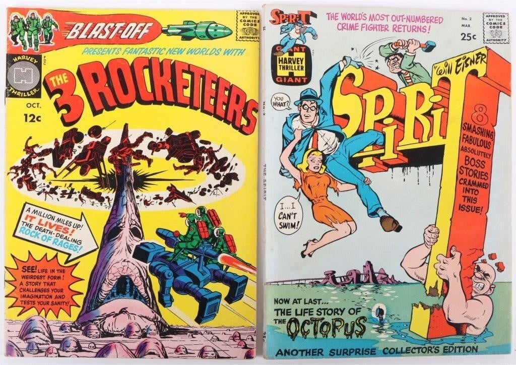 SILVER AGE PULP COMICS THE SPIRIT & 3 ROCKETEERS: The Spirit giant issue #2 by Will Eisner and Blast Off # 1 by Jack Kirby, both published by Harvey Thriller. Condition: See pictures. Comic books Harvey Thriller Silver Age (1956-1970) Raw Book(s)