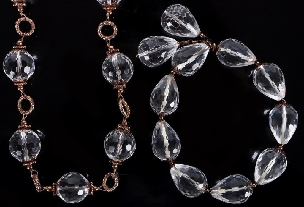 LUISA DELLA SALDA WHITE QUARTZ LADIES JEWELRY SET: Luisa della Salda white quartz ornate ladies jewelry set to include one briolette pear quartz bracelet and one round faceted quartz bead necklace. Stone Type: Assorted Weight: 186.00 Grams Size: 27.00